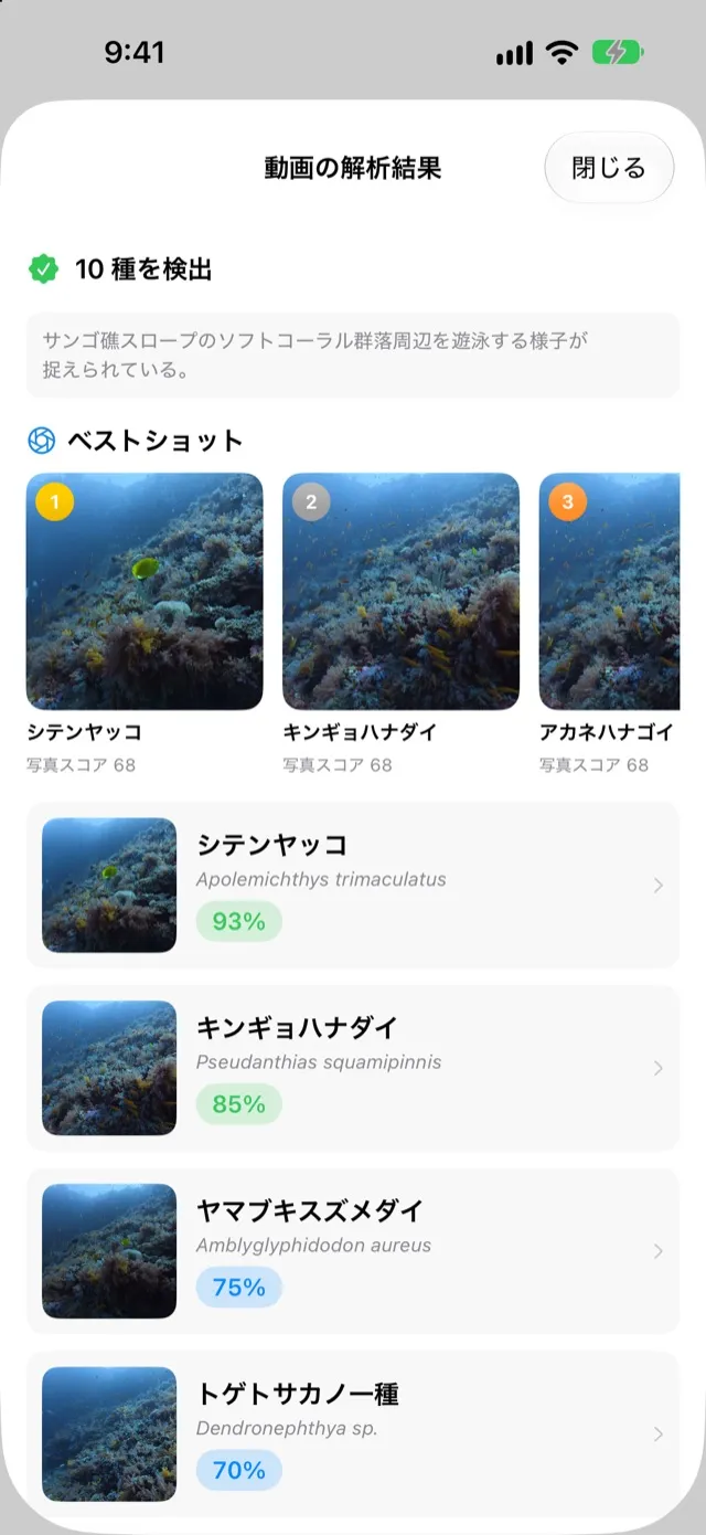 動画の解析結果。10 種を検出し、種ごとのベストショット